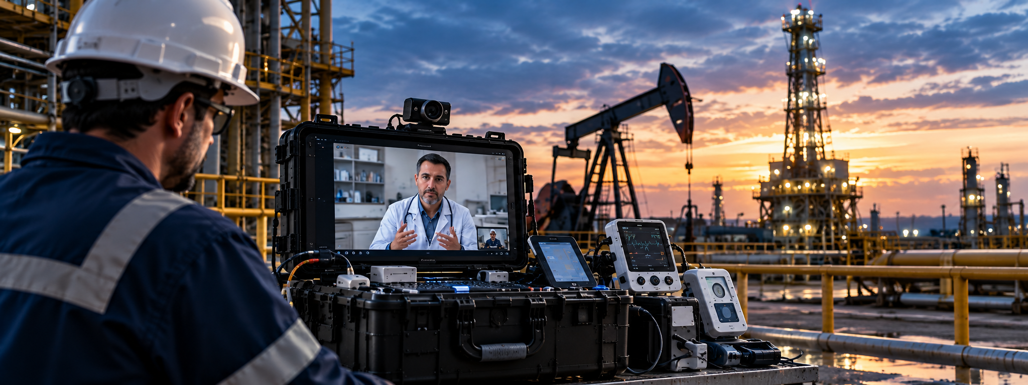 Trabajador en campo utilizando un sistema de telemedicina en una operación de Oil & Gas