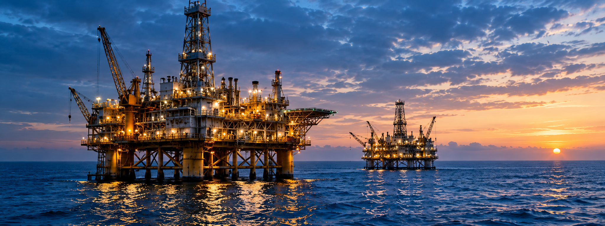 Plataformas petroleras marítimas al atardecer