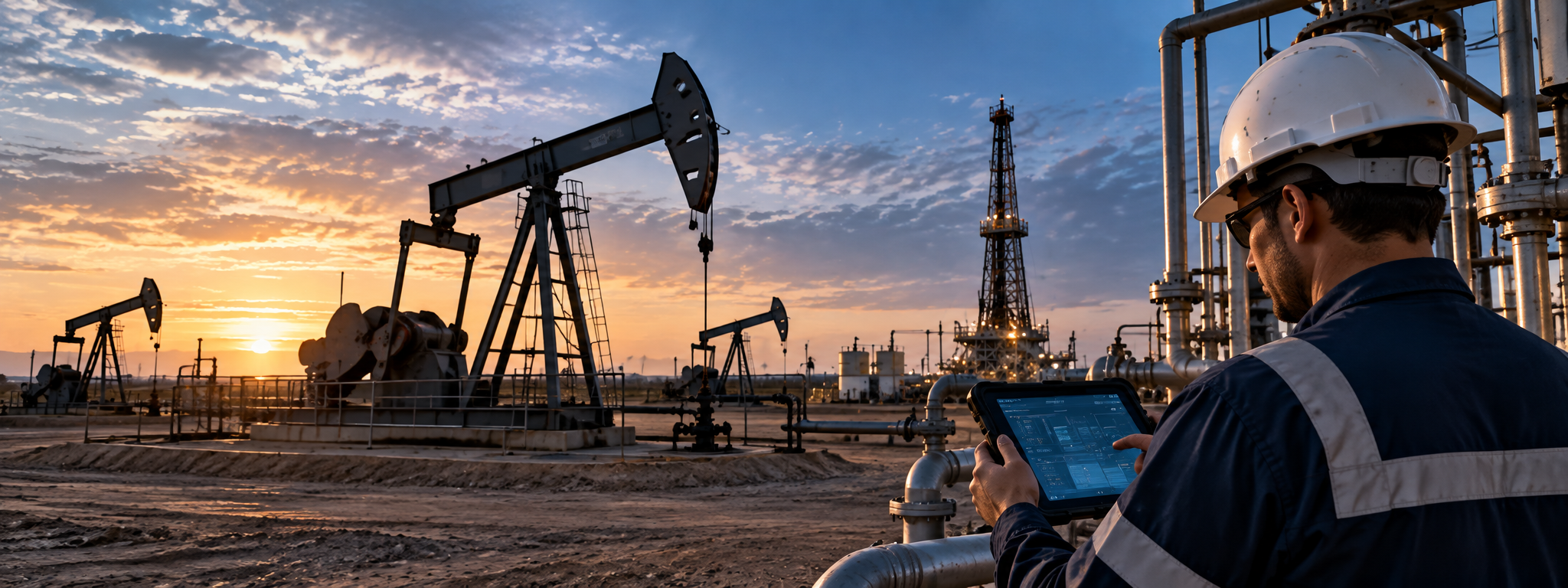 Bombas de extracción en un campo petrolero al atardecer